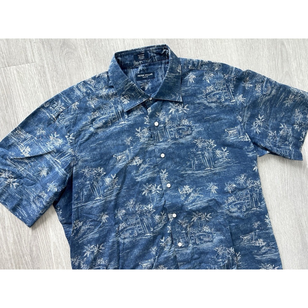 PETER MILLAR COLLECTION XL Blue Hawaiian Surfboard Palm Tree Woodie Shirt